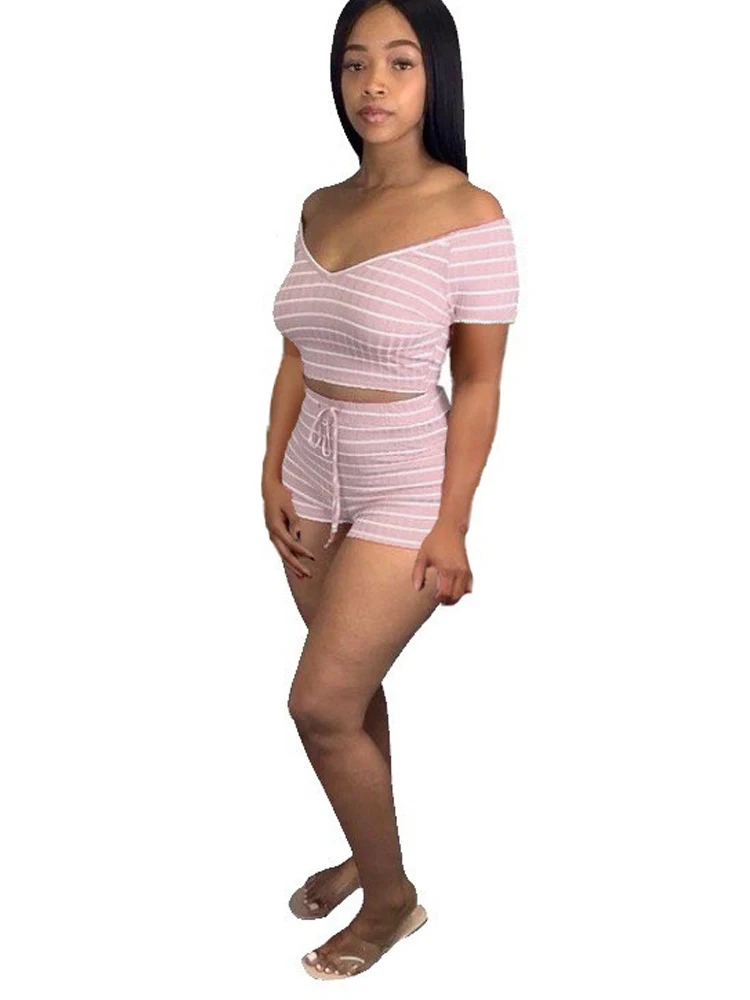 

Striped Print Women 2 Peice Set V-neck Backless Short Sleeve Crop Top+ Drawstring Body-shaping Shorts Summer Beach Matching Sets