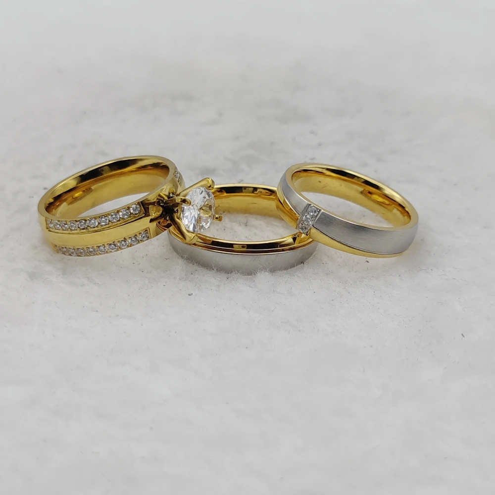 3pcs Wholesale Cz Diamond Jewelry Wedding Proposals Rings Women Titanium Ring 14k Gold Plated His And Hers Couple