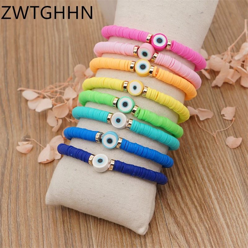 

ZWTGHHN Disc Beads Bracelets For Women Turkish Evil Eye Bracelet Multicolor Soft Pottery Greek Eye Summer Beach Jewelry