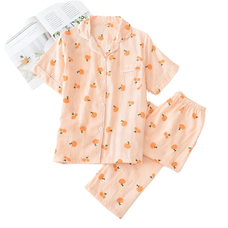 

Летняя женская одежда для сна, хлопковый пижамный комплект с принтом, женская одежда для сна, длинные брюки с коротким рукавом, домашний кос...