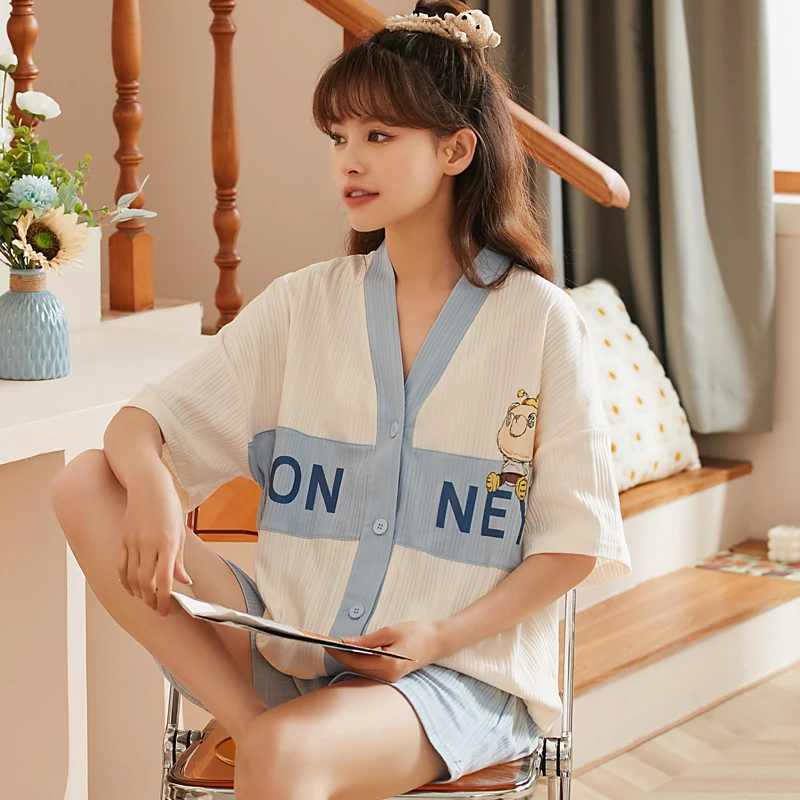 

Summer Cotton Pajamas Women Short Sleeve V-neck Button Pyjamas Ladies Loose Casual Pijama Mujer Shorts M-2XL Home Clothes Set