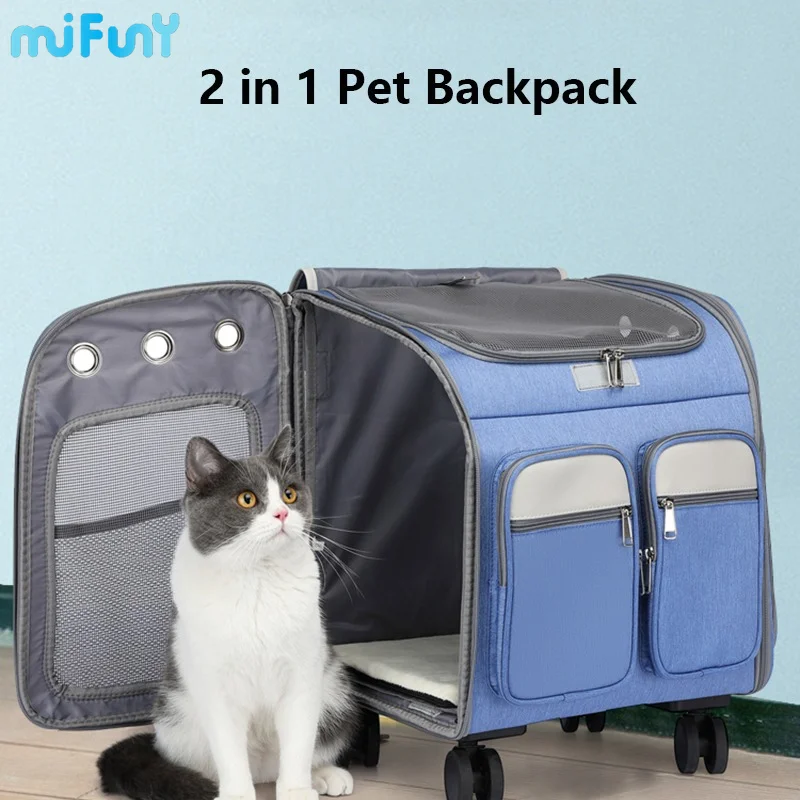 

Mifuny 2 In 1 Large Portable Pet Backpack Stroller Cat Carrier with Wheels Foldable Tie-Rod Pet Bag Cat Dog Travel Carrier Bags