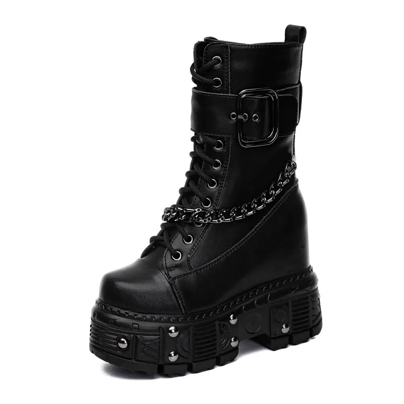 

Authentic Leather Shoes for Girls Luxury Designer Gothic Boots 2023 Autumn Winter Mid Calf 12Cm High Heels Platform Parties Hot