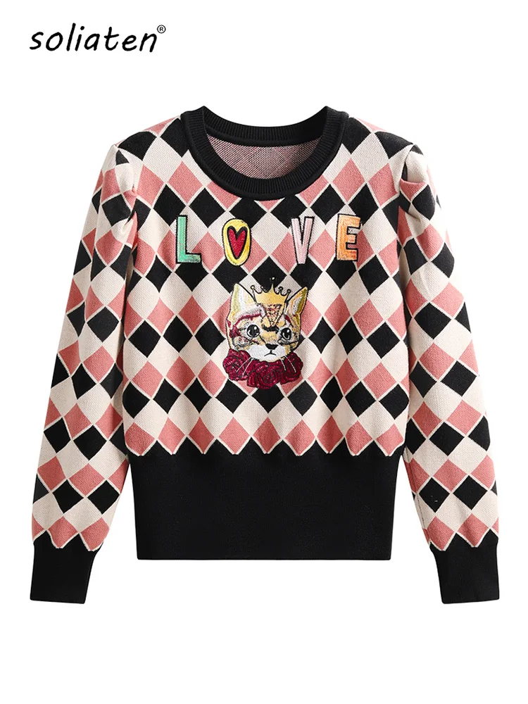 

2022 Women's Autumn And Winter Puff Sleeve Diamond Pullover Crown Cat Patch LOVE Letter Embroidery Rose Sweater Vintage C-185