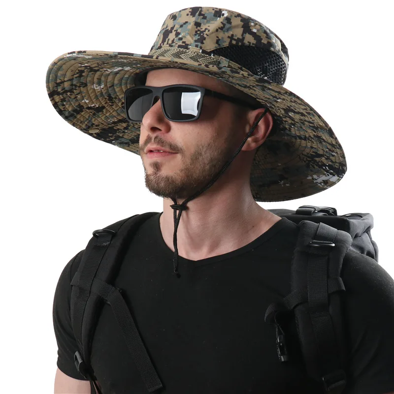 

Army Marine Military Boonie Hat With Chin Strap Men Long Wide Brim Bucket Hat Fishing Hunting Breathable Camouflage Jungle Cap