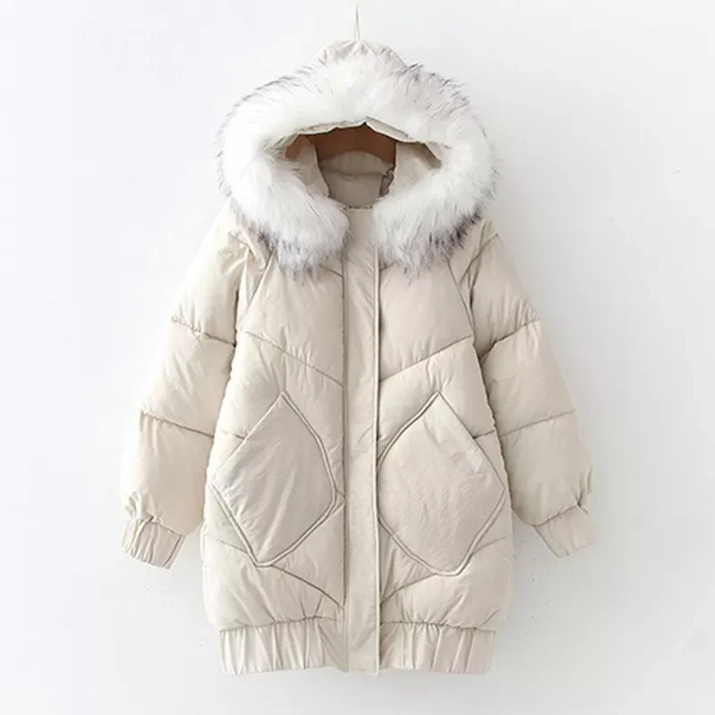 

Новая зимняя новая свободная зимняя куртка средней длины с большим меховым воротником и карманами, толстая пуховая парка с хлопковой подкл...