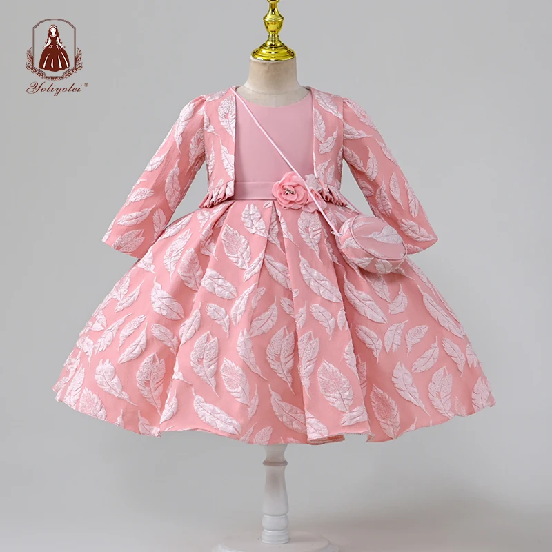 

Yoliyolei Leafs Fashion kids dresses for girls party Children Mid-calf Appliques Jacket Bag Suit Puffy girl dress 4 to 6 years