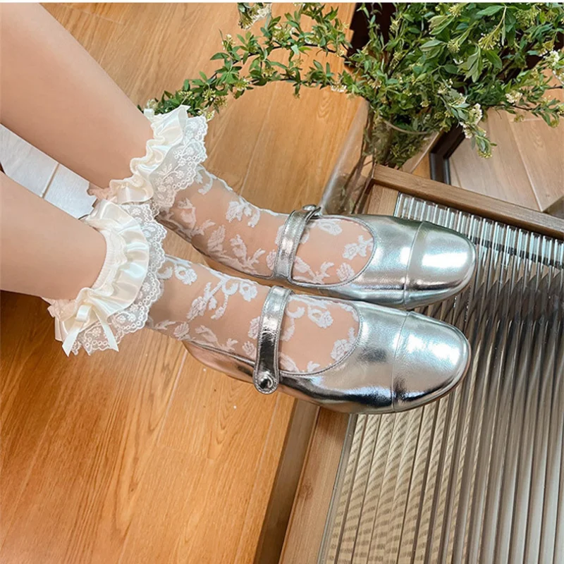 

Ультратонкие прозрачные эластичные длинные носки с воланом и бантом для девочек