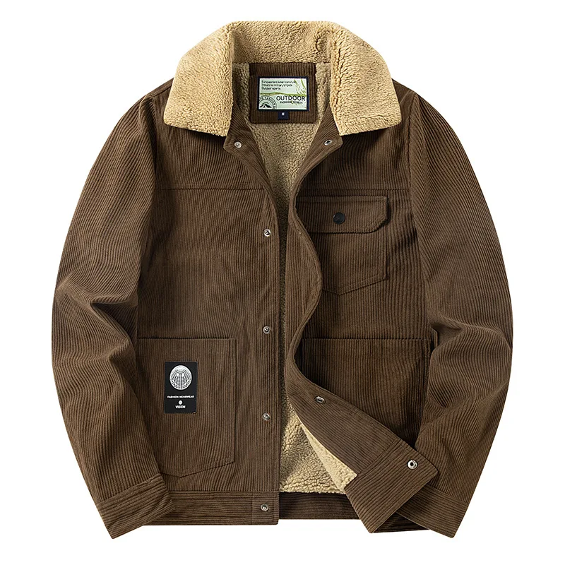 Corduroy Thick Winter Coat Men Plus Velvet and Cotton Fleece Collar Warm Jacket Outdoor Tooling Imitation Lamb Velvet Coats