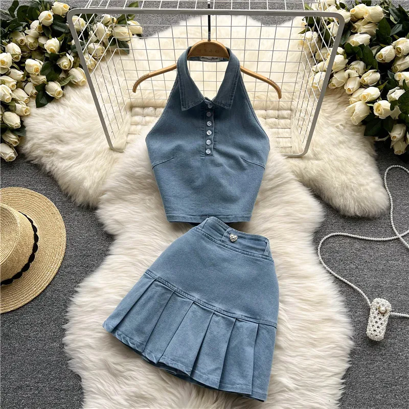 

Women Sexy Fashion Jeans Clothing Sets Halter Neck Vest Tops+Denim High Waist Pleated Mini Skirts Suits Vestidos