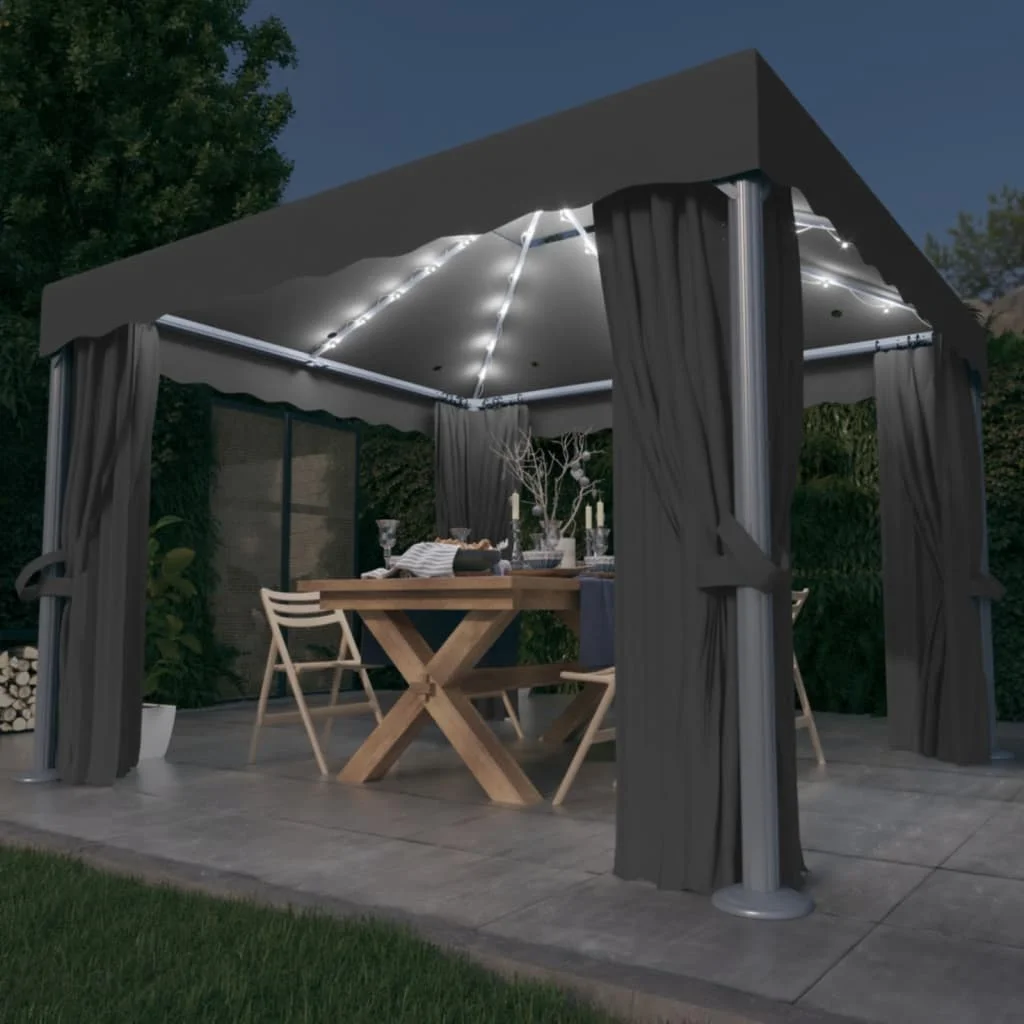

Patio Gazebo with Curtain & LED String Lights , Polyester & Steel Garden Party Tent, Garden Decoration Anthracite 3x3 m
