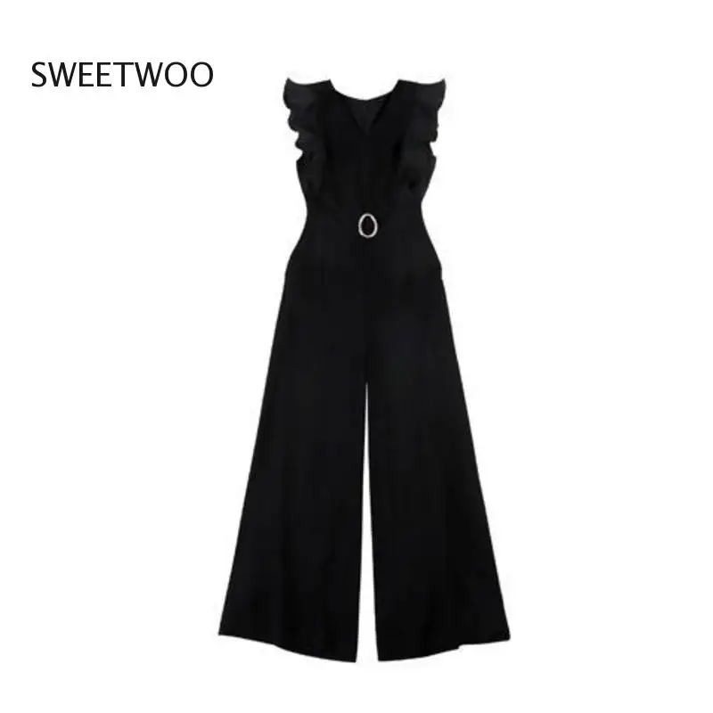 Wide Leg Jumpsuit Women Elegance Summer Clothing 2022 New Ruffles Sleeveless Top V-Neck Slim Fashion Red Bodysuit Party Rompers