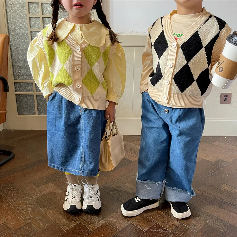

Girl Fashion Plaid Single-breasted Vest Baby Boy Autumn All-match Sweater Cardigan Toddler Cotton Knitting Sleeveless Coat