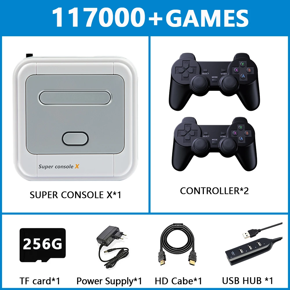 

Игровая приставка для видеоигр, 80 встроенных эмульаторов с 95000 + играми, Игровая приставка в стиле ретро для PSP/PS1/MD/N64, поддержка Wi-Fi, HD Out Super Console X