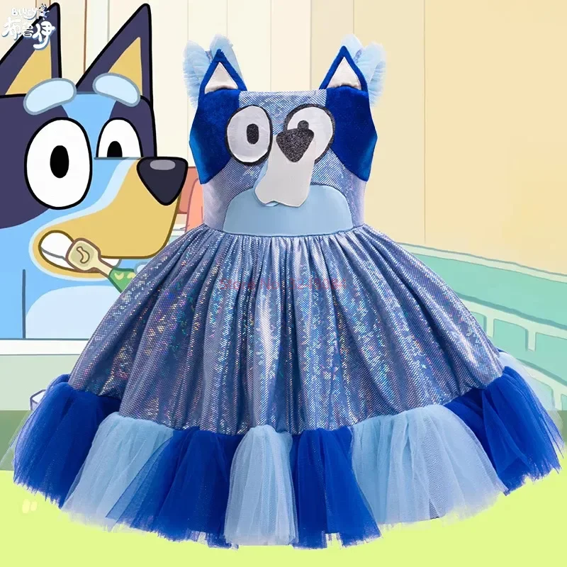 Новинка летнее платье Bluey с аниме на бретелях для девочек милое детское день