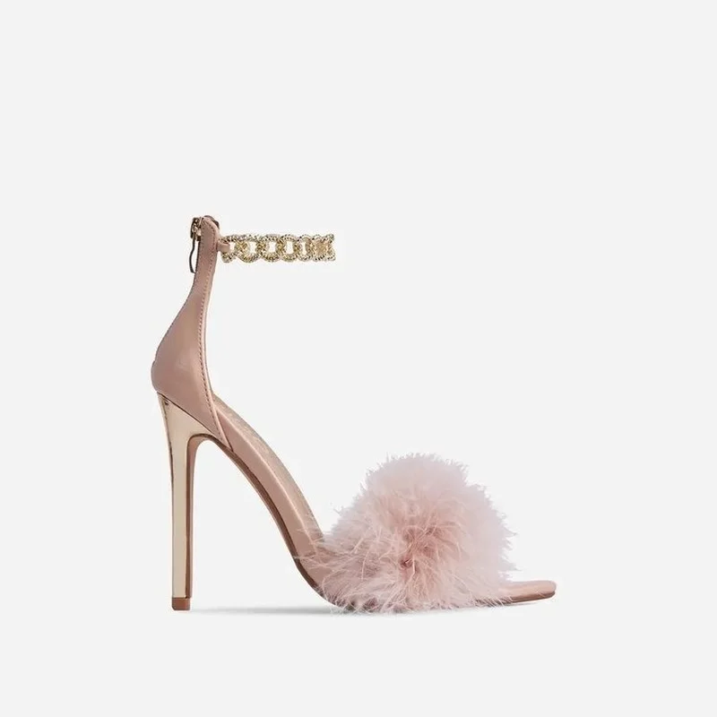 2021 Feather Sexy Fish Mouth Pointed Toe Thin Heel Large Size 43 Super High Pumps Fashion Design Stiletto Women Mules Fur Shoes
