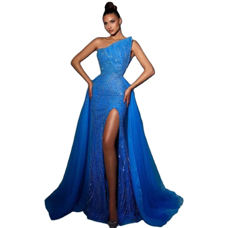 

Blue Strapless High Split Sexy Evening Dresses Beaded Wedding Party Gowns 2023 For Women
