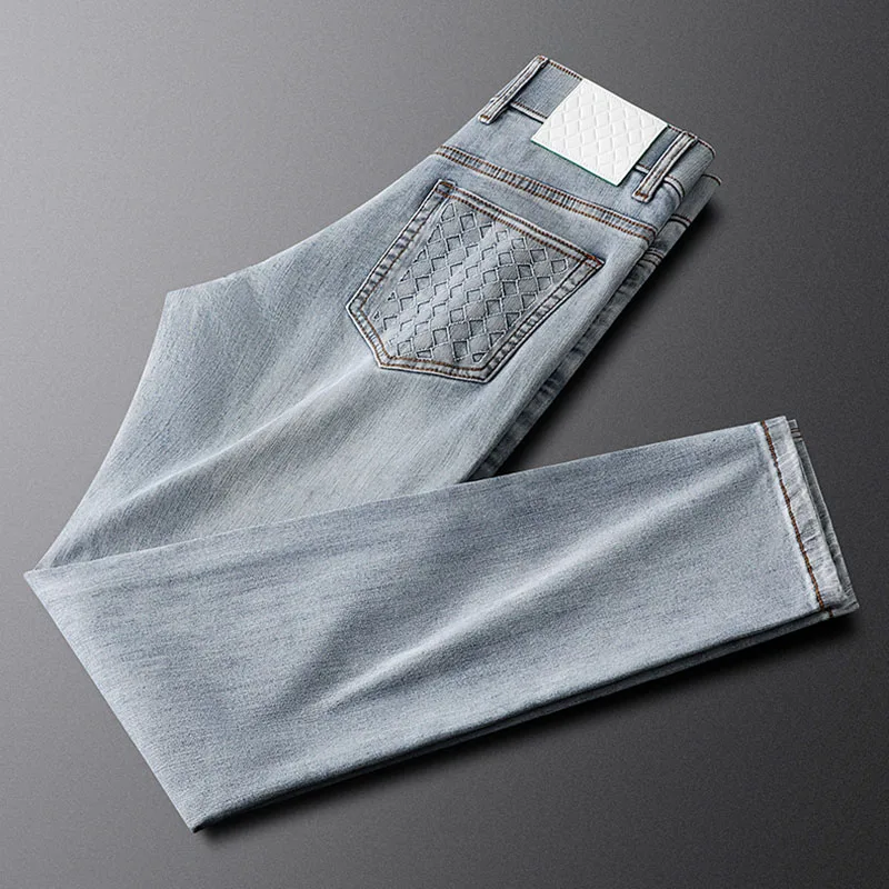 Light luxury high-end light gray leather brand men's casual business jeans straight leg summer pants men