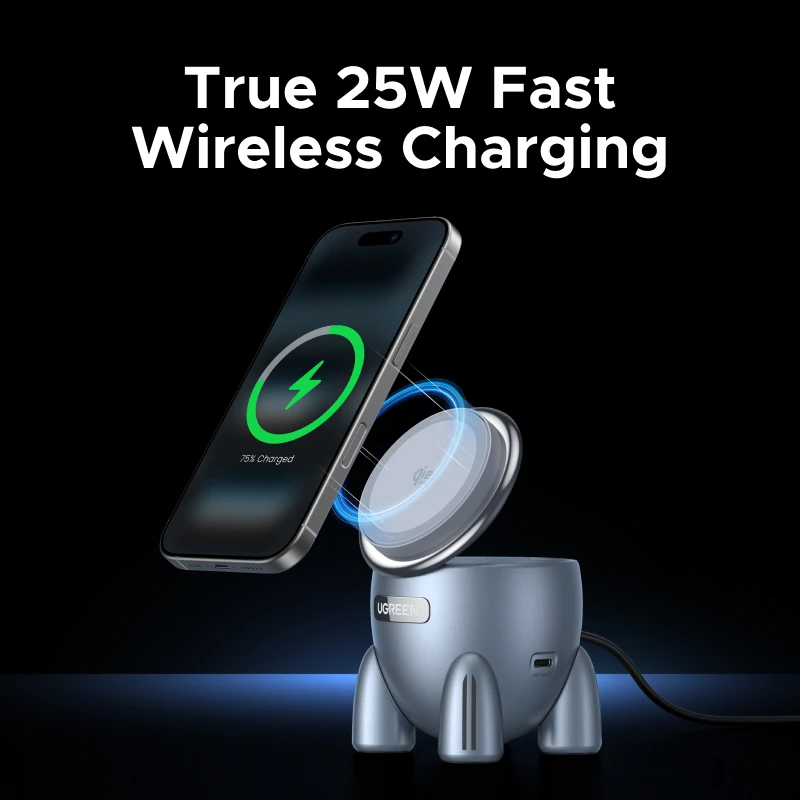 Фото НОВЫЙ! UGREEN Magflow Qi2 25 Вт Беспроводное зарядное устройство 2 в 1 Инновационный стиль Rocket для iPhone 17 16 Pro Max Быстрая зарядка №2
