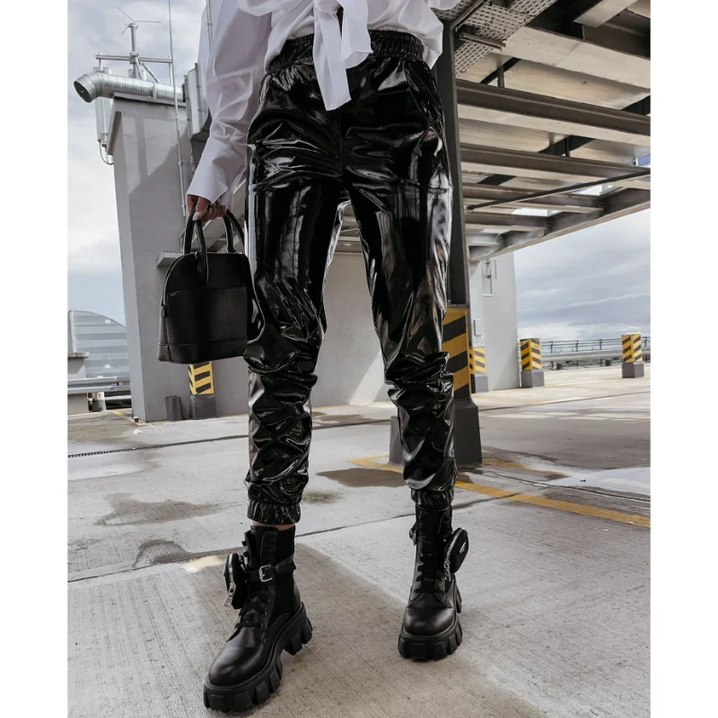 Super Bright Leather Pants In Autumn and Winter Women's PU Trousers Casual Women's Sports Pants Super Bright Leather