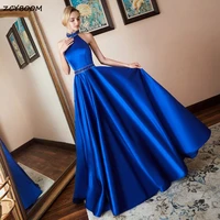 2022 elegant newest royal blue halter satin a line beaded sequin long prom dresses sleeveless backless floor length prom dresses