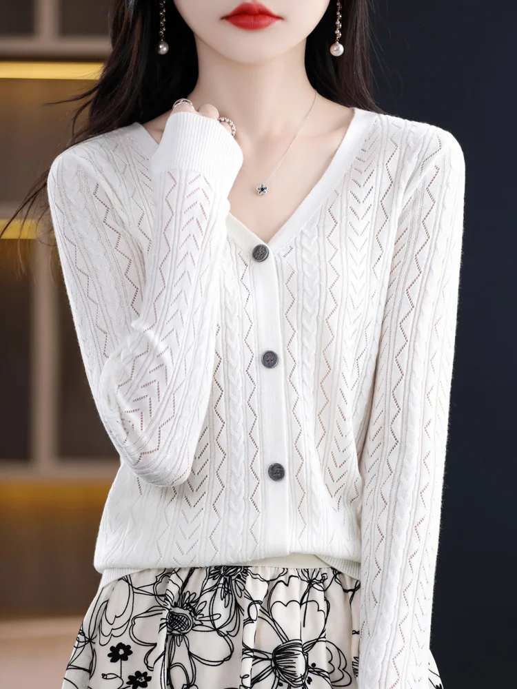 

Женский шерстяной вязаный свитер, ажурный пуловер с длинным рукавом и V-образным вырезом, тонкая кофта, весна-лето