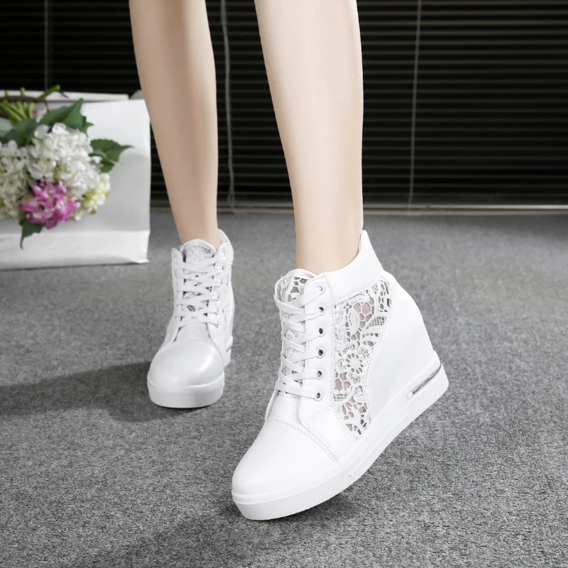 

Women Wedge Platform Sneakers Rubber Brogue Leather High Heels Lace Up Shoes Pointed Toe Height Increasing Creepers White Silver