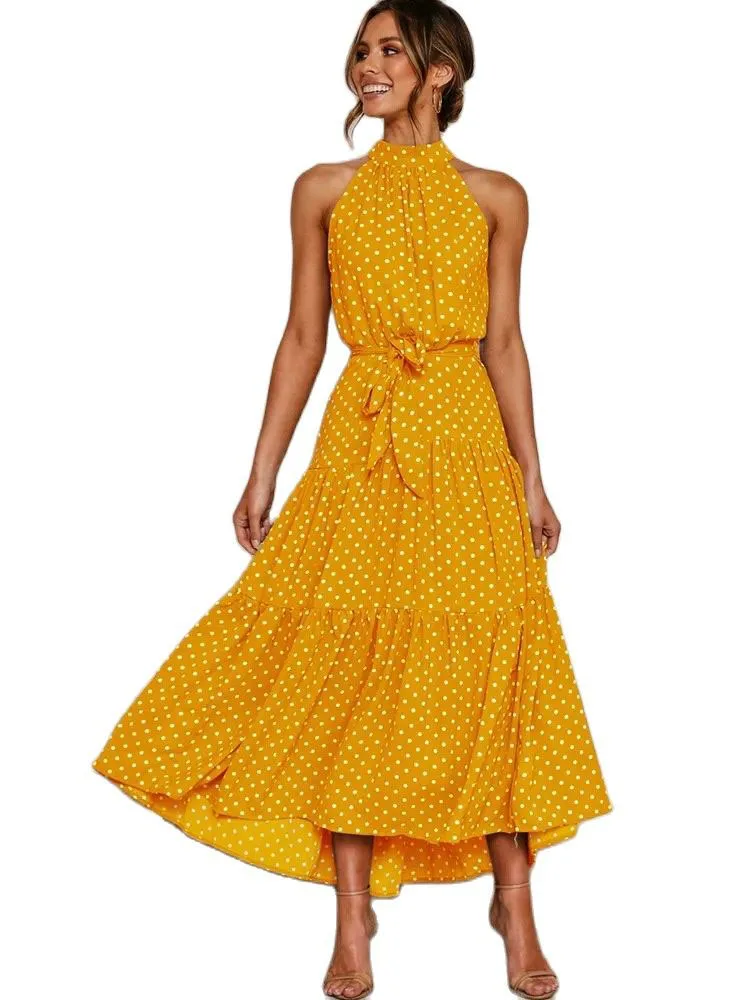 

2023 Summer Women's Long Sundress New Hanging Neck Off Shoulder Polka Dot Print Ruffle Lace Up Temperament Elegant Beach Dresses