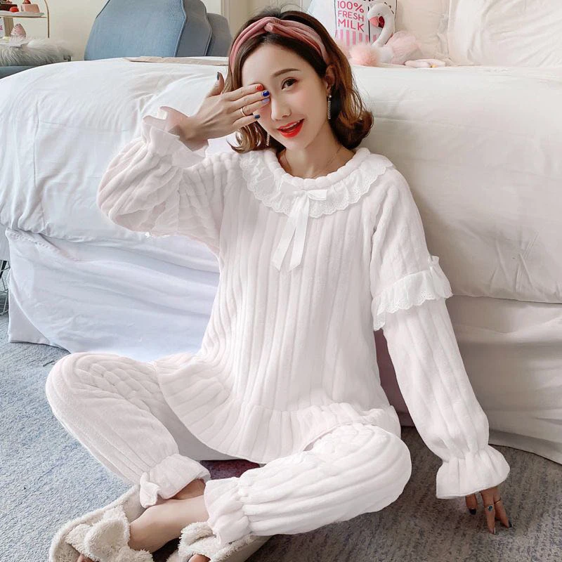 Coral Velvet Pajamas Women Autumn Winter Korean Style Sweet and Lovely Princess Style Home Clothes Flannel Thickening Suit