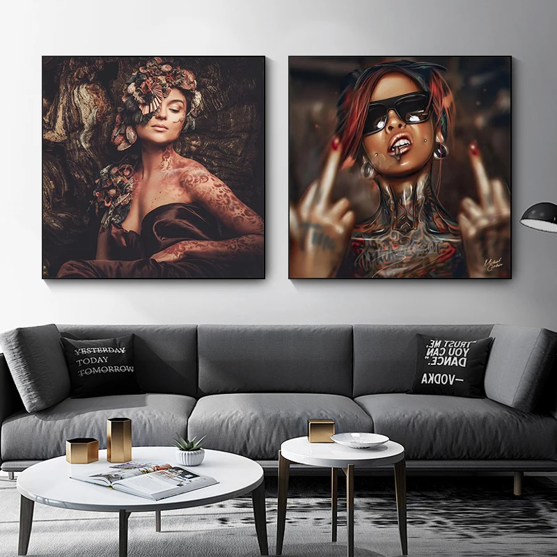 Тату-девушка с цветами на голове в Волшебном лесу винтажная Картина холсте