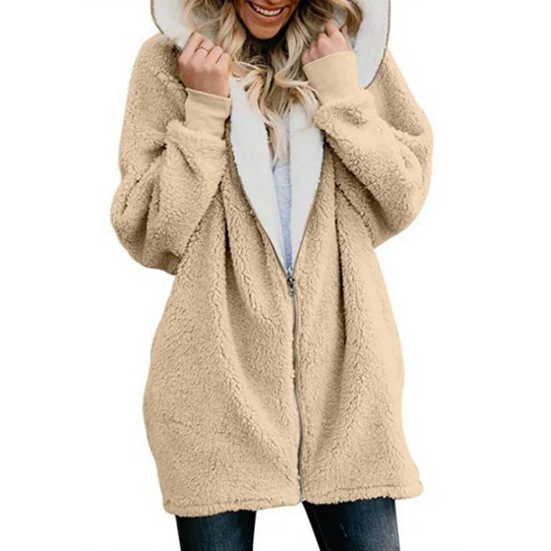 

5XL Women Coat Winter Causal Soft Hooded Pocket Zipper Fleece Plush Female Coat Warm Faux Fur Fluffy Women Jacket Plus Size