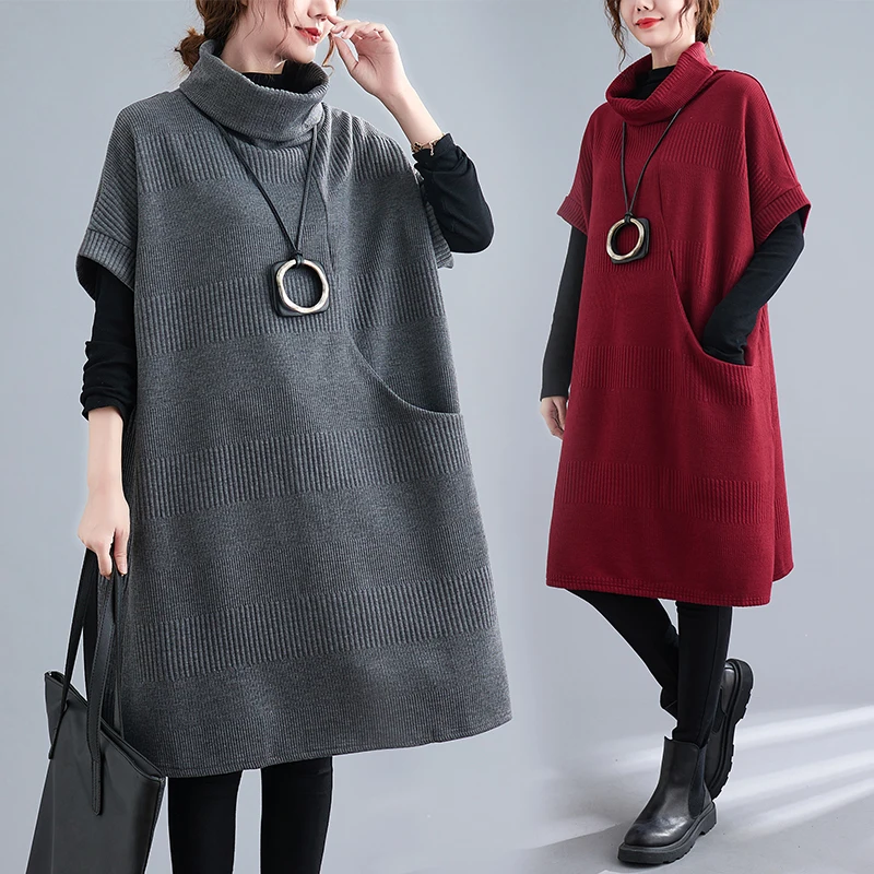 

#4050 черное, серое, красное платье-свитер, женское свободное теплое трикотажное платье-трапеция, женское винтажное асимметричное платье с карманами, Осень-зима