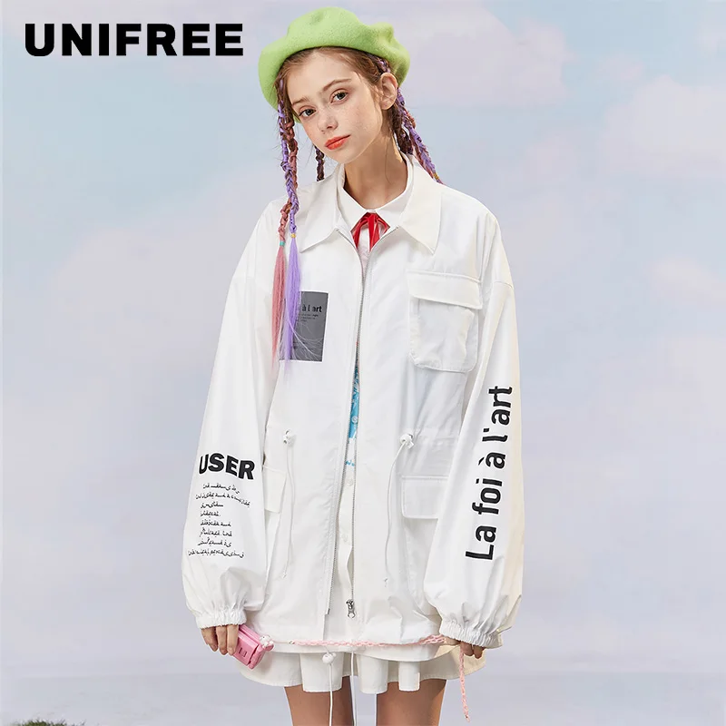 

UNIFREE Women Loose And Looks Thin Hooded Jacket 2022 New Ins Trend Tooling Wind Mid-Length Windbreaker Autumn Coat