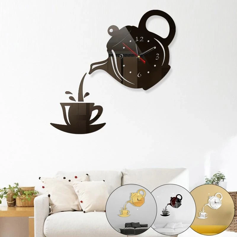 

3D Acrylic Coffee Tea Cup Wall Clocks Creative Teapot Kettle Wall Clock for Office Home Kitchen Dining Living Room Decorations