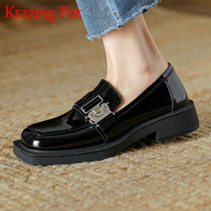 

Krazing pot full grain leather high quality square toe med heel loafers young lady daily wear casual comfortable women pumps L91