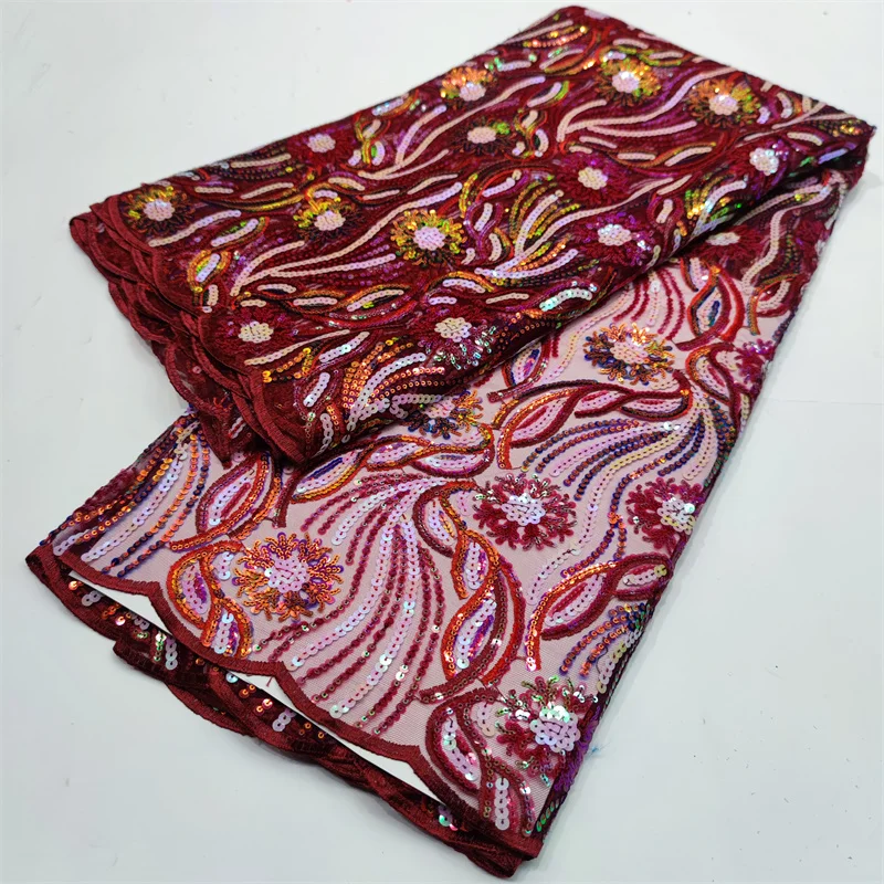 

African Latest Wine Red Mesh Lace Fabric 2022 High Quality Nigerian Handmade Luxury Sequins Lace Fabrics For Wedding Party Sew