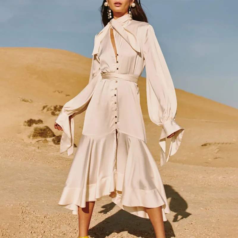 

2022 New Temperament Celebrity Lantern Sleeve Personalized Bow Tie Hem Irregular Ruffle Fashion Commuter Dress Women Free Ship