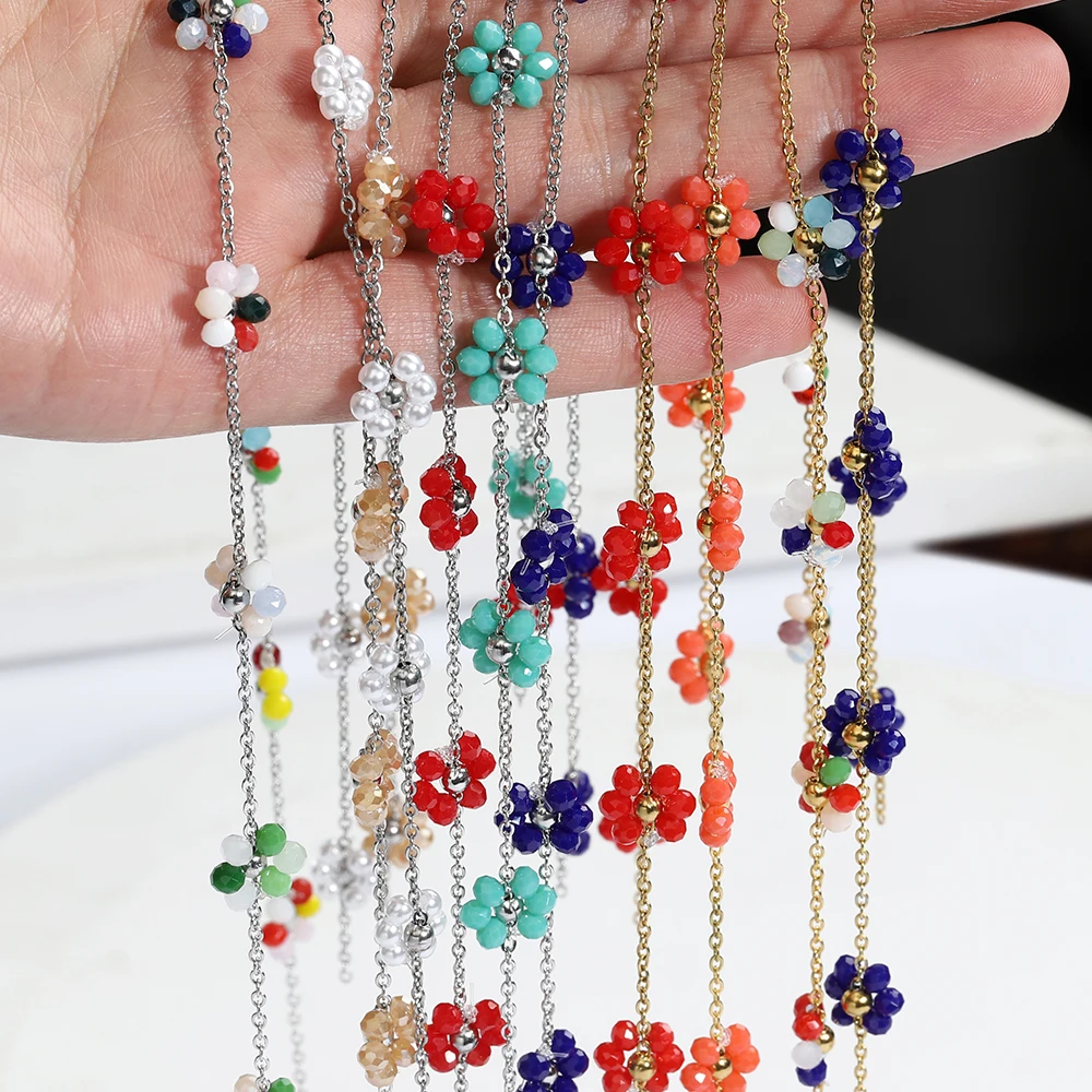 

1Meter Daisy Flower Crystal Stainless Steel Beaded Chains for Jewelry Making DIY Necklace Bracelet Satellite Chain Accessories