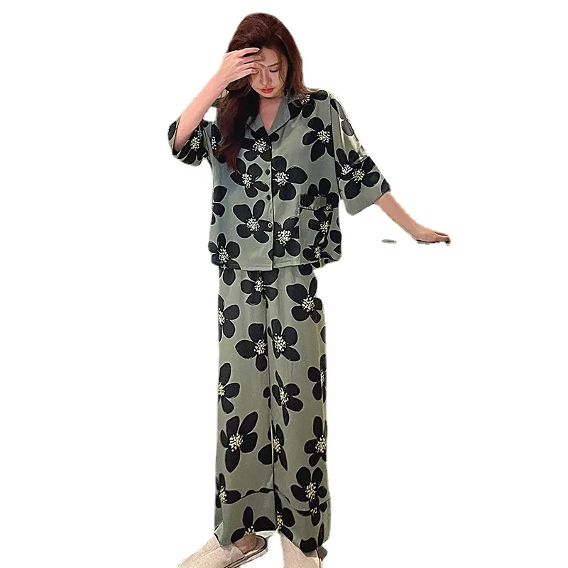 Vintage Clothes Women Clothing 2 Pieces Set Silk Satin Set Women Flower Luxury Designer Outfits Loungewear