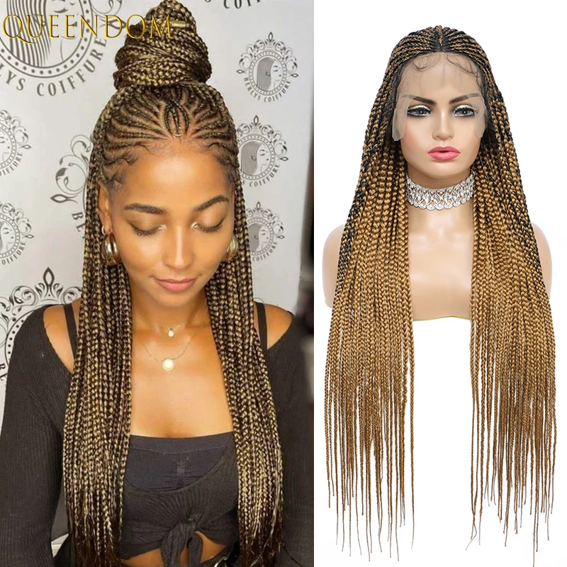 

36 Inches Box Braided Lace Front Wigs with Baby Hair Ombre Blonde Synthetic Super Long Knotless Box Braids Wig for Black Women