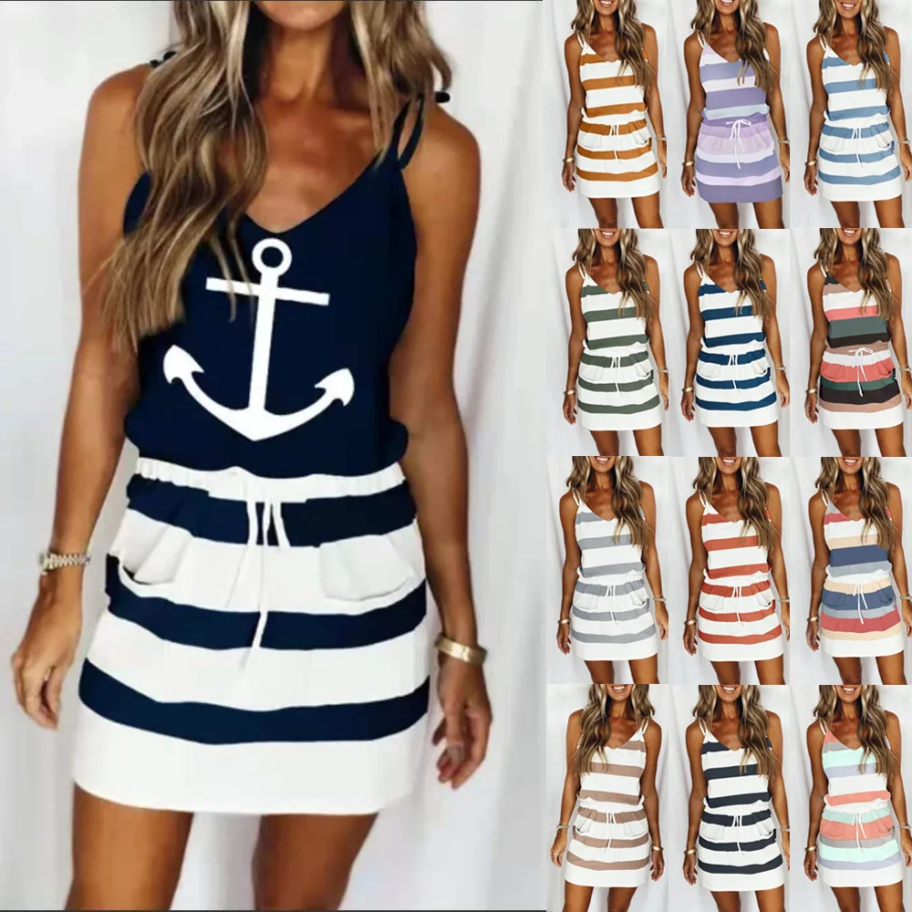 

New 2022 European and American Women's Drawstring Striped Color Sling Dress Clothes Dresses Women