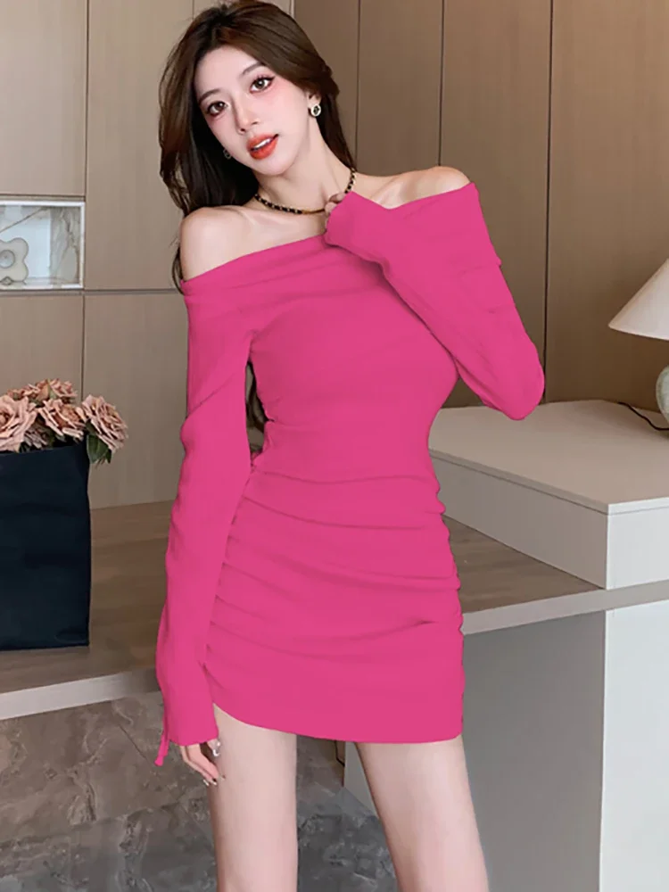 

Осенне-зимнее розовое трикотажное пикантное мини-платье с открытыми плечами Модное Элегантное милое женское платье 2023 корейские облегающие платья-свитеры