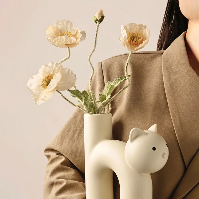

Cream Style Ceramic Vase Milk Cat Vase Cute Ornaments Home Living Room