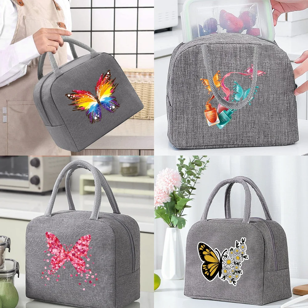 

1PCS Portable Lunch Bag Insulated Canvas Cooler Bag Thermal Food Picnic Lunch Bag for Women Kids Grey Butterfly Pattern Sreies