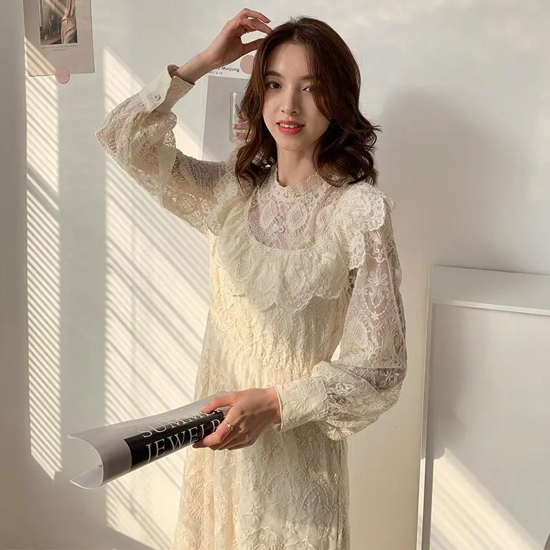 

Slim Body Fairy Clothes Palace Style New Embroidery Lace Dress Lace Hollow Skirt Women Cottagecore Dress Summer Fall Black Dress