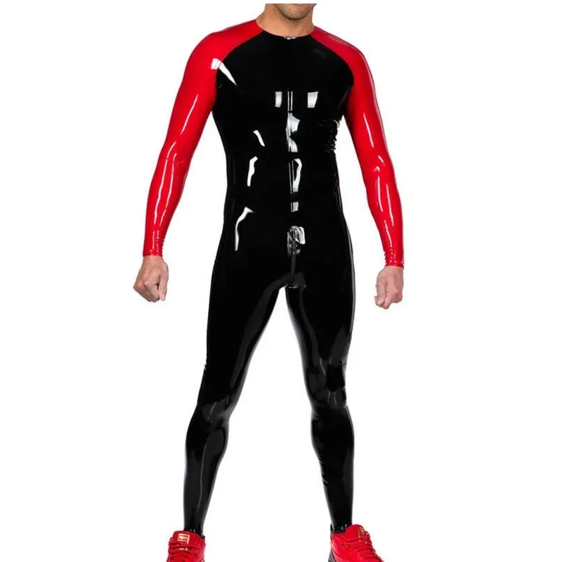 

Латексный костюм кошки ручной работы, черный с красным резиновым боди с молнией на промежности, мужской костюм для гонок, латексный костюм н...