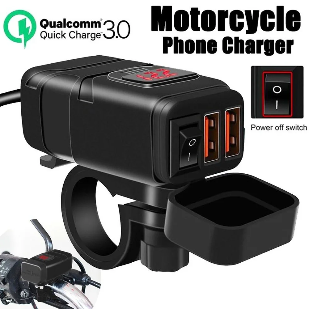 

Motorcycle Digital Voltmeter Cigarette Lighter QC3.0 Dual USB Waterproof Fast Phone Charger with Power Switch LED Display