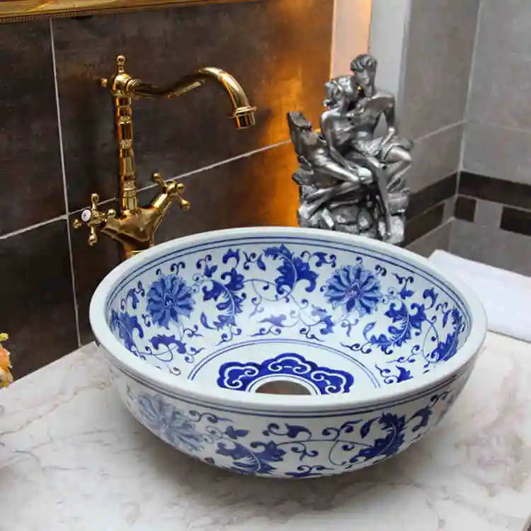

Ceramic Counter Top Wash Basin Cloakroom Hand Painted Vessel Sink blue and white porcelain ceramic wash basin bathroom sink