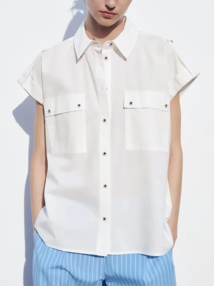 

Блузка женская оверсайз из поплина, модный дизайнерский Повседневный Топ без рукавов, винтажная однобортная рубашка с карманами, на лето