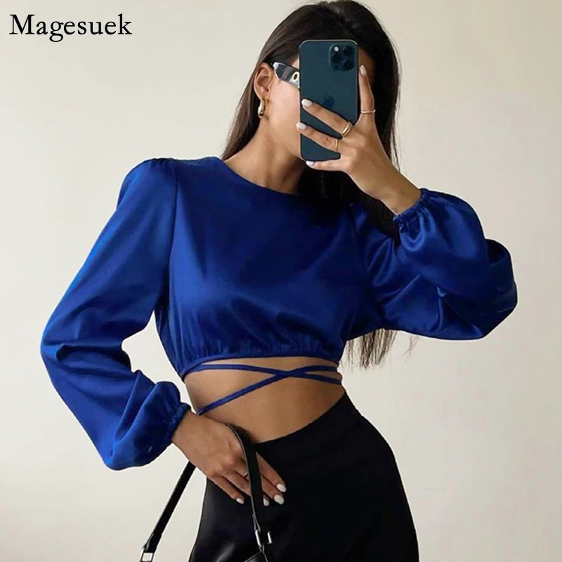 

Блузка Женская атласная с длинным рукавом, на шнуровке, с открытой спиной